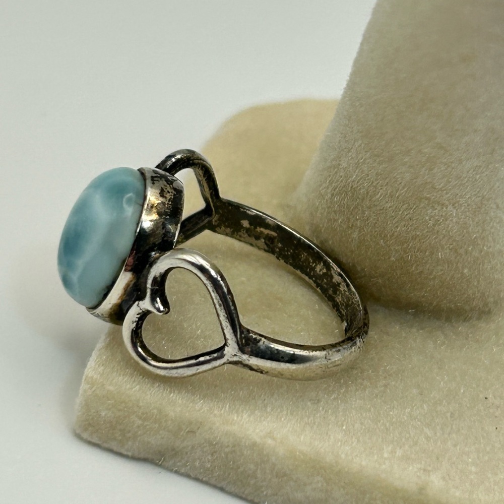 925 Silver Light Blue Larimar Ring Size 7 Side Hearts - Picture 7 of 12